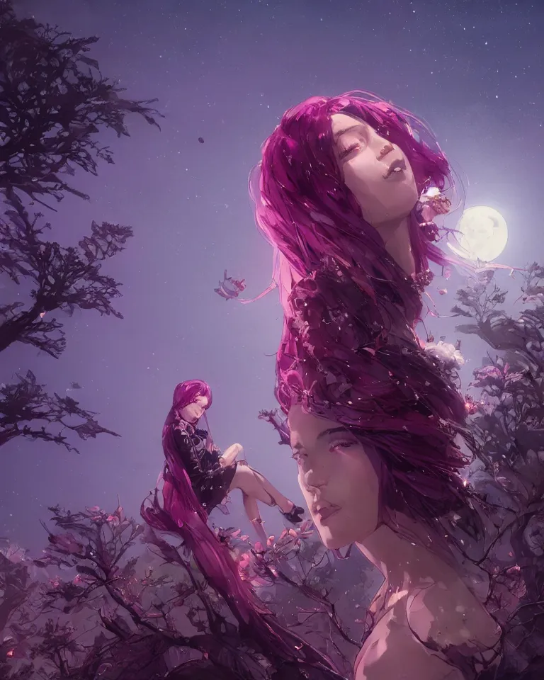 Image similar to a highly detailed image of A beautiful woman basking in the moonlight, with medium length magenta hair, and tall tree, and large obsidian crystals, cinematic lighting, dramatic atmosphere, by Dustin Nguyen, Akihiko Yoshida, Greg Tocchini, Greg Rutkowski, Cliff Chiang, 4k resolution, trending on artstation