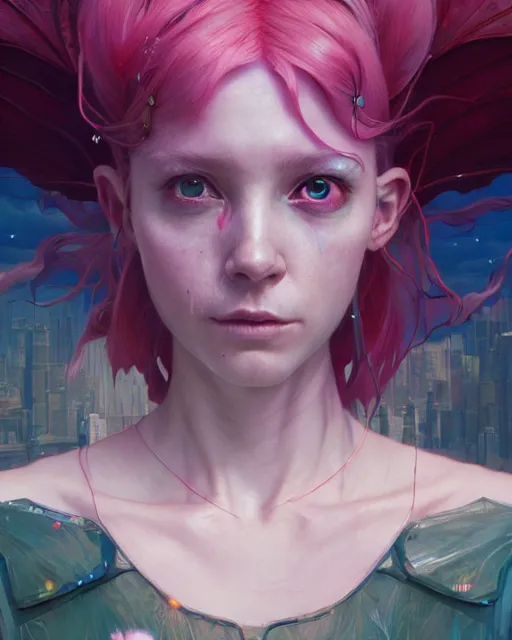 Prompt: highly detailed surreal vfx portrait of a postcyberpunk fairy, stephen bliss, unreal engine, greg rutkowski, loish, rhads, beeple, makoto shinkai and lois van baarle, ilya kuvshinov, rossdraws, tom bagshaw, alphonse mucha, global illumination, detailed and intricate environment