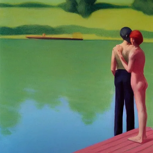 Image similar to A beautiful land art of a man and a woman are standing on a dock, looking out at a body of water. The woman has her hand on the man's shoulder, and they appear to be deep in conversation. The colors in the land art are muted, and the scene has a calming feeling. by Edward Hopper subtle