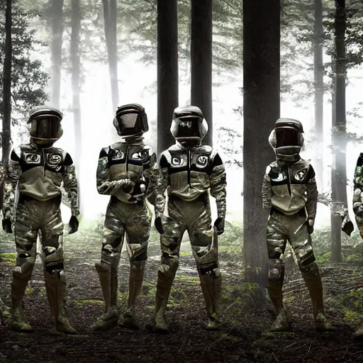 Prompt: a squad of space scouts wearing camo uniforms with white armor and helmets and a tall robot exploring a forest planet