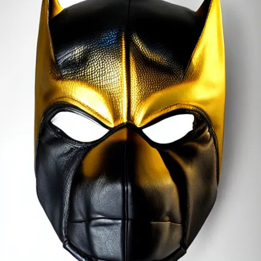 Image similar to luxury crocodile leather batman mask with golden seams, luxury item showcase, studio lighting