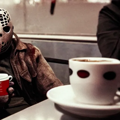 Image similar to photograph of jason voorhees having a coffee at an european caffé