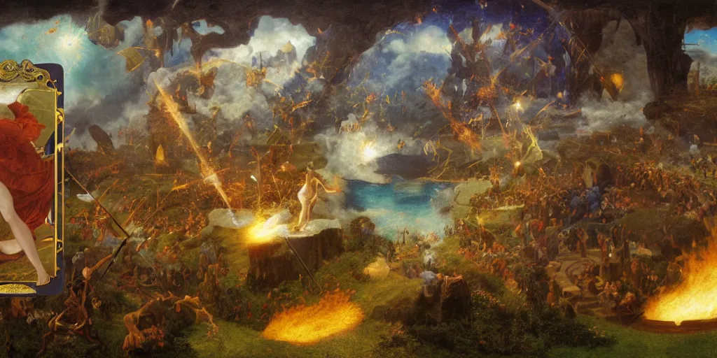 Image similar to magical tarot cards floating in the midst of magical explosions, matte painting, epic scale, 8 k, sharp focus, by caspar friedrich, albert bierstadt, james gurney, brian froud,