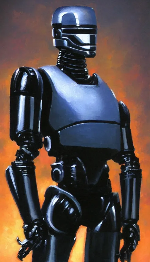 Prompt: robocop, heroic pose, oil painting, rim lighting, by jeff smith