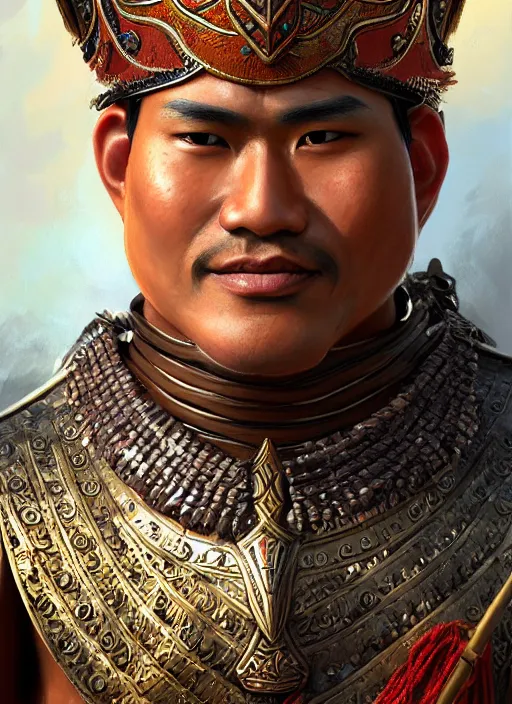 Image similar to smart tai warlord, closeup portrait, without beard and mustache, historical hero, ethnic group, tai costume, thai transitional bronze headdress, intricate, with leather armor cross on bare chest, elegant, loin cloth, highly detailed, oil painting, artstation, concept art, matte, sharp focus, illustration, hearthstone, art by earl norem
