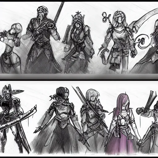 Image similar to a shotgun - toting union hunter and a noble, sword - wielding magical girl stand back to back against a wall while darkspawn creatures approach them. concept art storyboard sketch