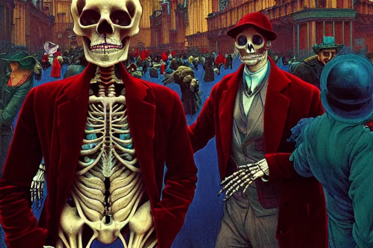 Image similar to realistic detailed photorealistic film portrait shot of a single skeleton wearing crimson velvet blazer in a crowded futuristic moscow street by Denis Villeneuve, Amano, Yves Tanguy, Alphonse Mucha, Ernst Haeckel, Andrei Tarkovsky, Edward Robert Hughes, Roger Dean, rich moody colours, slime, wide angle, blue eyes