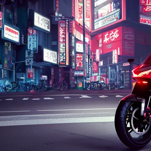 Prompt: photo of Akira bike :: ultra realistic render of Akira motorbike in the streets of Tokyo at night, octane render, cyberpunk, 8K, depth of field, bokeh, Akira moto, Akira red bike, ultra detailed, photorealistic