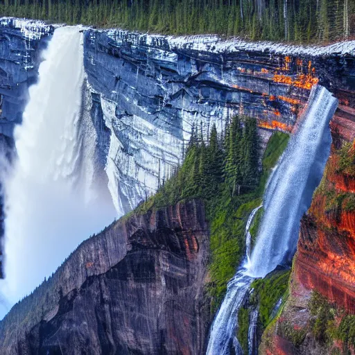 Image similar to helmcken falls, sunset lighting, ultra high definition, realistic, photograph, award winning, nature