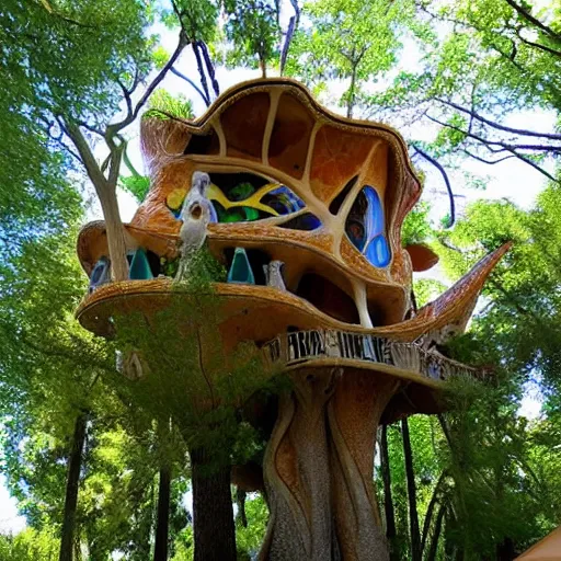Prompt: Gaudí treehouse, Gaudí inspired, realistic,
