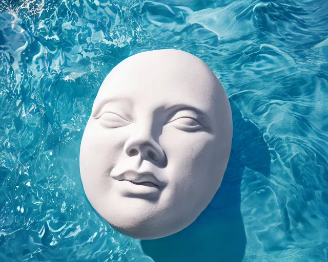 Prompt: a massive porcelain sculpture of a squashed human face resting on a jelly donut that floats on the ocean water, cinematic, hyper - realistic, very detailed, realistic water splashes, ray tracing, 8 k resolution, long - shot, sharp focus, low angle, 8 5 mm photograph, wide lens