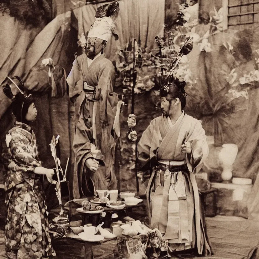 Prompt: a samurai at a tea party, realistic photo