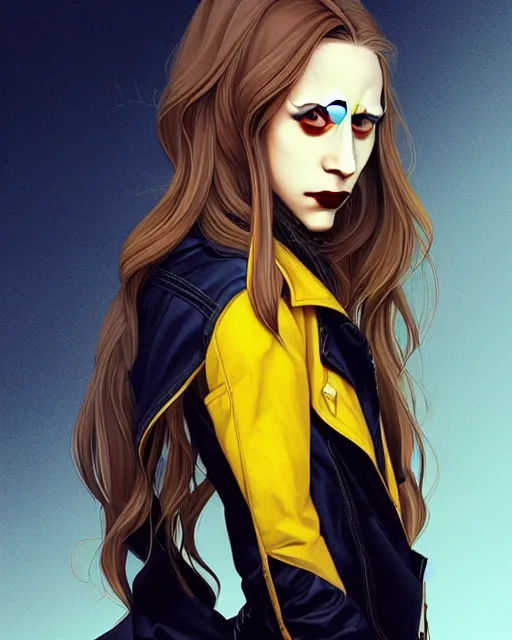 Prompt: in the style of Joshua Middleton and artgerm, beautiful evil vampire Taissa Farmiga sharp bloody vampire fangs open mouth, yellow eyes, symmetrical eyes, realistic face, symmetrical face, brown leather jacket, jeans, long black hair, full body, moody lighting