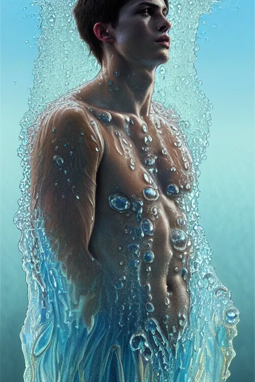 Image similar to body portrait of a young man made of water emerging from a lake, wearing a cloak, by terry o'neill intricate, elegant, highly detailed, digital painting, glistening skin, artstation, concept art, smooth, sharp focus, natural lighting, bright colors, illustration, art by artgerm and greg rutkowski and alphonse mucha, 8 k