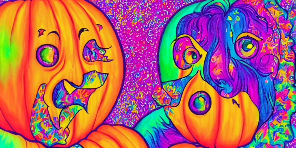 Prompt: lisa frank painting carved pumpkin faces, textured canvas, kawaii holographic, detailed facial expression, surrealism aesthetic