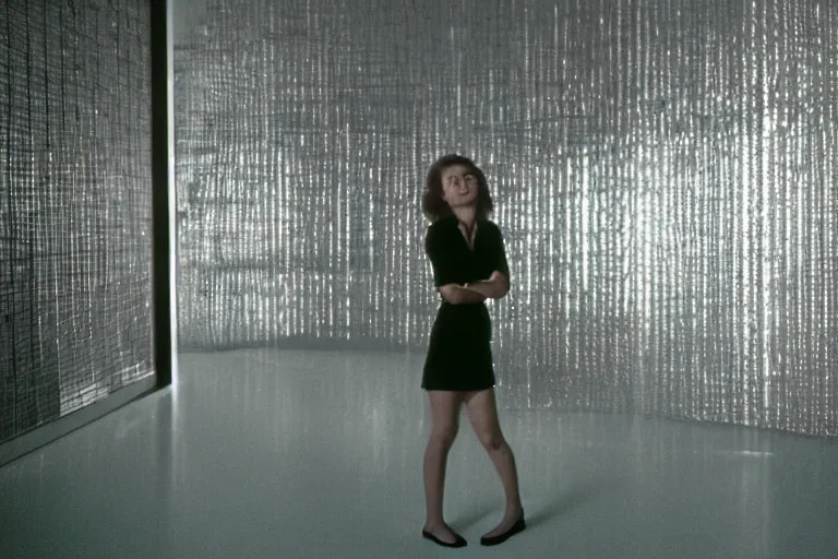 Image similar to backlit photograph of young woman standing in front of monolith radiating neutrinos in suburban living room, crisp focus, highly detailed, in roger deakins style, 3 5 mm ektachrome