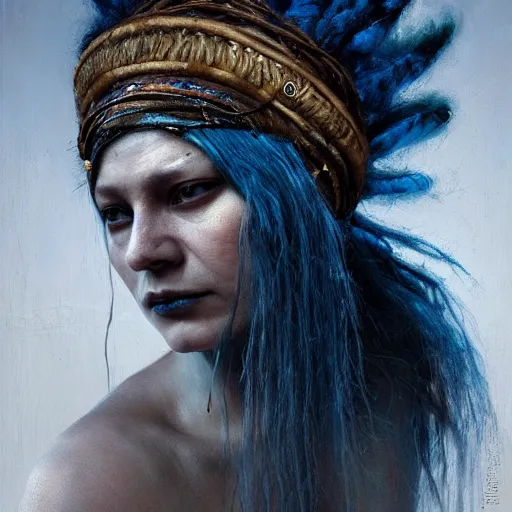 Prompt: A young blindfolded shaman woman with a decorated headband, in the style of heilung, blue hair dreadlocks and wood on her head, atmospheric lighting, intricate detail, cgsociety, ambient light, dynamic lighting, made by karol bak