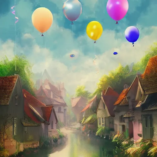Prompt: a lot of floating birthday balloons. beautiful village. digital art, highly - detailed, artstation cgsociety masterpiece