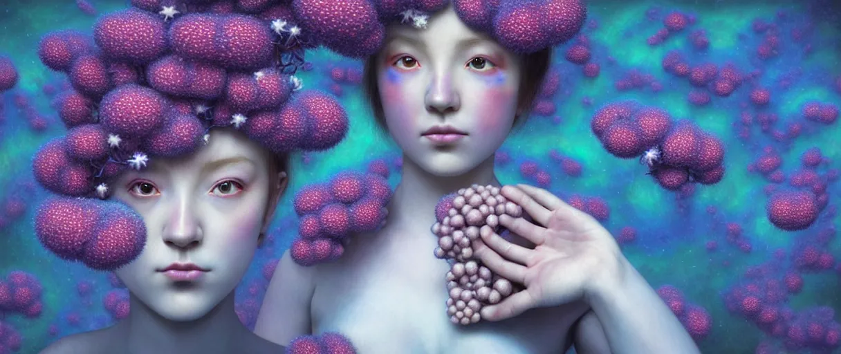 Image similar to hyper detailed 3d render like a Oil painting - kawaii portrait Aurora (Singer) seen Eating of the Strangling network of prussian blue and aerochrome and milky Fruit and Her delicate Hands hold of gossamer polyp blossoms bring iridescent fungal flowers whose spores black the foolish stars by Jacek Yerka, Mariusz Lewandowski, Houdini algorithmic generative render, Abstract brush strokes, Masterpiece, Edward Hopper and James Gilleard, Zdzislaw Beksinski, Mark Ryden, Wolfgang Lettl, hints of Yayoi Kasuma, octane render, 8k