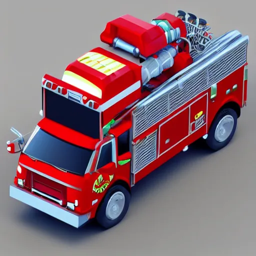 Prompt: isometric low - poly 3 d fire engine, isometric art