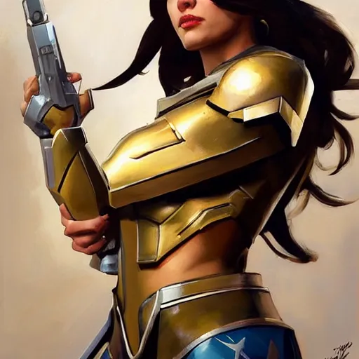 Prompt: greg manchess portrait painting of armored light wonderwoman as overwatch character, medium shot, asymmetrical, profile picture, organic painting, sunny day, matte painting, bold shapes, hard edges, street art, trending on artstation, by huang guangjian and gil elvgren and sachin teng