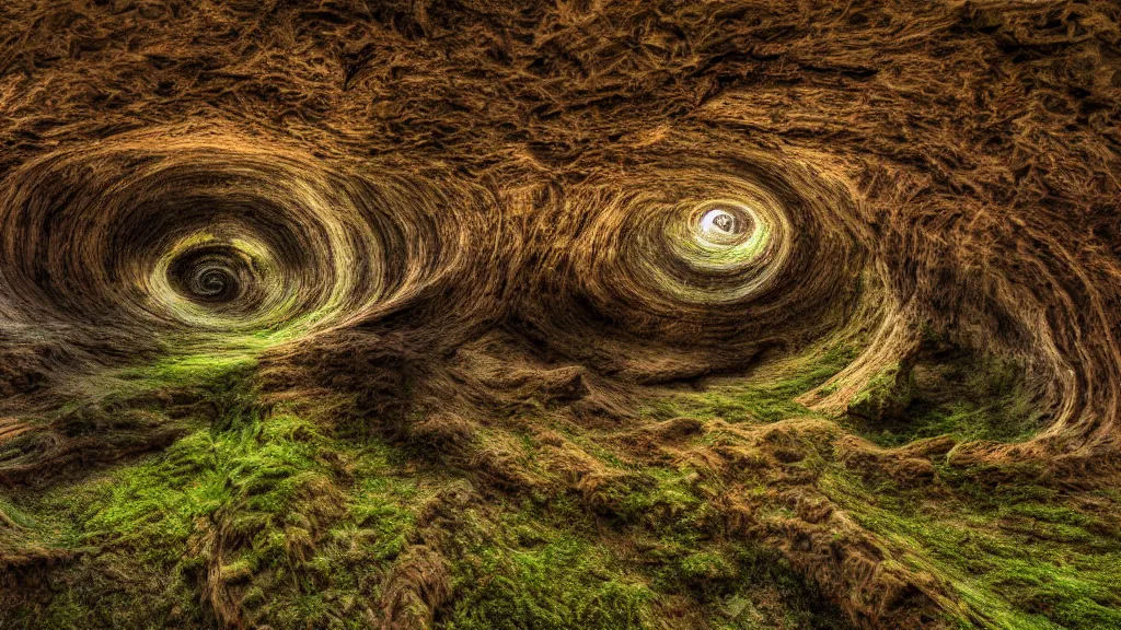 Image similar to hyperrealistic landscape dlsr photo of surrealistic spiral cave, fractal landscape photography