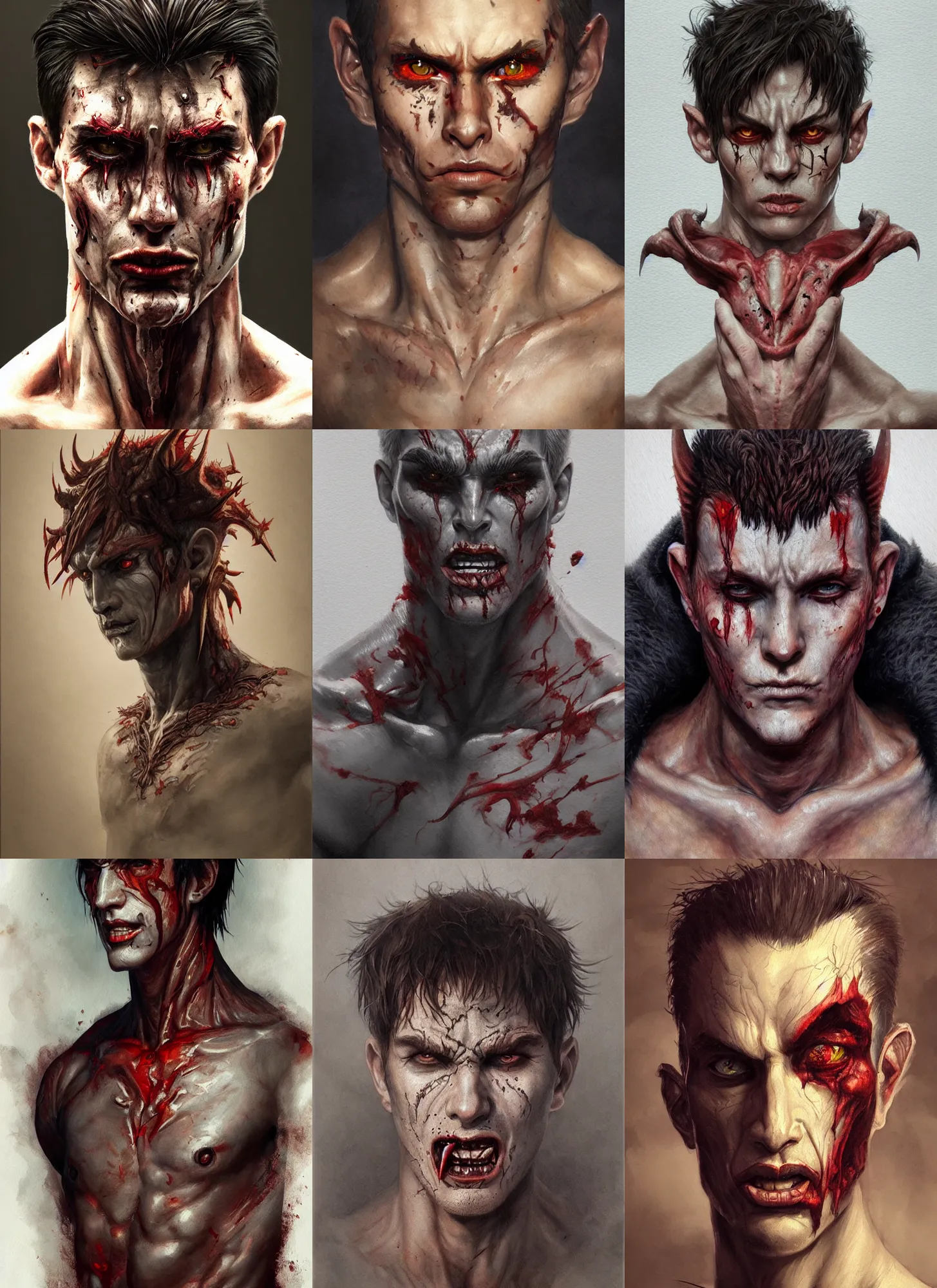 Prompt: portrait painting of devil man crybaby, intricate skin pattern texture, savage, full body, hyper realistic, extremely detailed, dnd character art portrait, dark fantasy art, trending on artstation in the style of greg rutkowski, 3 d, watercolor, beautiful, hawk, young