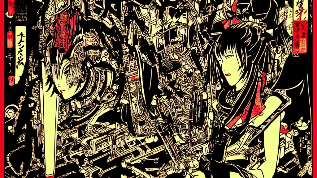 Image similar to futuristic japanese cyberpunk silk screen by utagawa yoshiiku, ohara koson, pixiv contest winner, cyberpunk style, cyberpunk color scheme, japanpunk