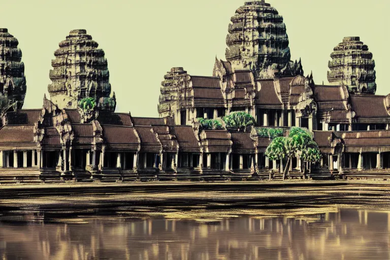 Image similar to angkor wat in the middle of a busy town, concept art, digital painting, artstation