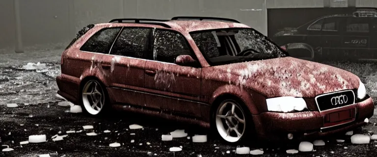 Image similar to Audi A4 B6 Avant (2002), a gritty neo-noir, dramatic lighting, cinematic, eerie person, death, homicide, homicide in the snow, viscera splattered all over the car, gunshots, establishing shot, extremely high detail, photorealistic, red mist, arson, burning city, cinematic lighting, artstation, by simon stalenhag, Max Payne (PC) (2001) winter New York at night, In the style of Max Payne 1 graphic novel, flashing lights, Poets of the Fall - Late Goodbye