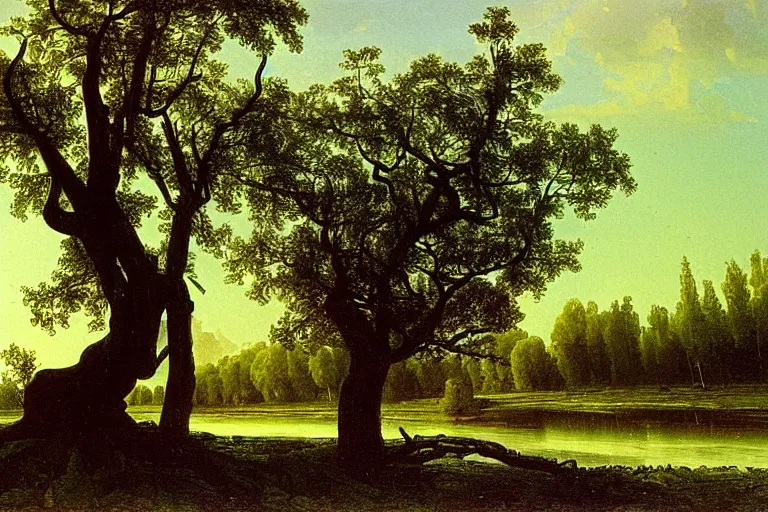 Image similar to painting of a old tree next to a meandering river by alexei savrasov