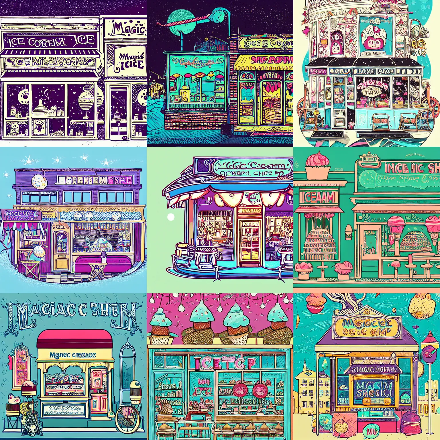 Prompt: magical ice cream shop, intricate illustration by tim doyle