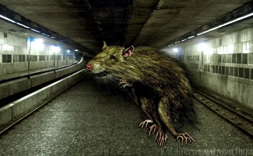 Image similar to very large giant mutant zombie rat infected by radiation sraying in tonnel of moscow subway. extreme high detail. low dark light, scary atmosphere.