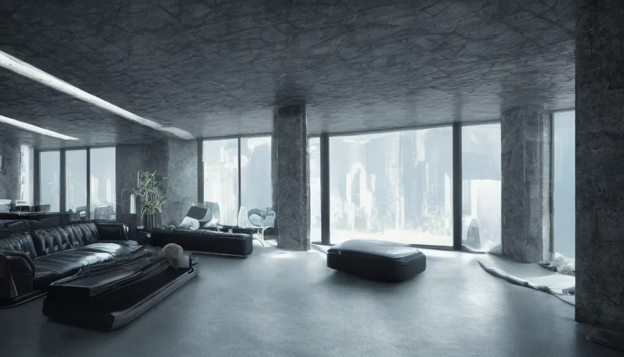 Prompt: a futuristic apartment interior in the style of a granite cavern, black leather couch, luxury, plants, pool, high ceiling, dark moody lighting, foggy atmosphere, 16mm lens, by craig mullins, octane rendering