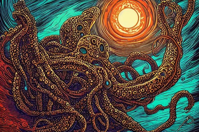 Prompt: a giant lovecraftian skulled tentacle creature gripping a black hole by dan mumford, digital art, photorealistic, vivid colors, highly detailed, intricate