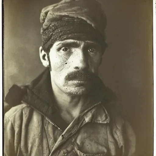 Image similar to close up portrait of a mine worker photo by Diane Arbus and Louis Daguerre