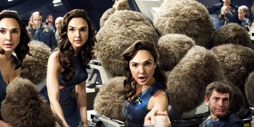 Image similar to Gal Gadot and Tribbles, Tribbles and more Tribbles in a scene in the next Star Trek movie