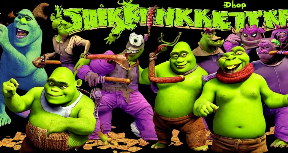 Prompt: shrek, cover of Hotline Miami 2, Main Menu