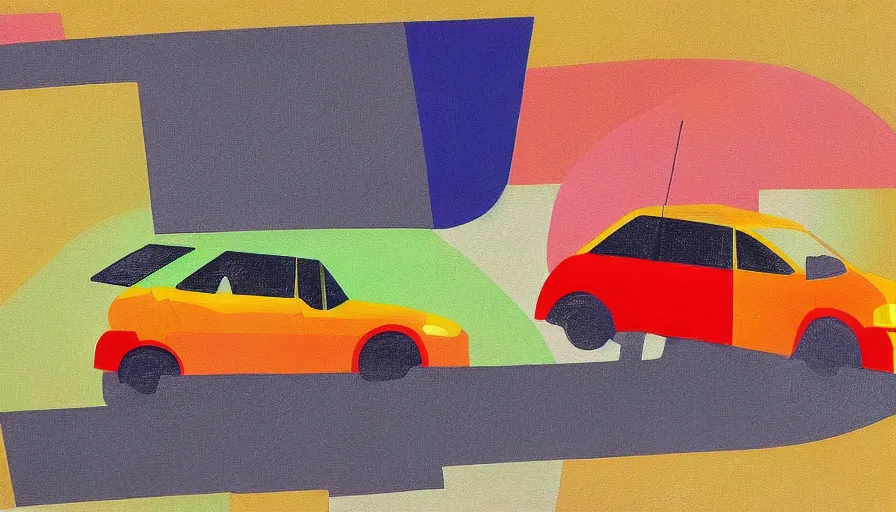 Image similar to a geometric, colourful, painting of a car driving down a highway