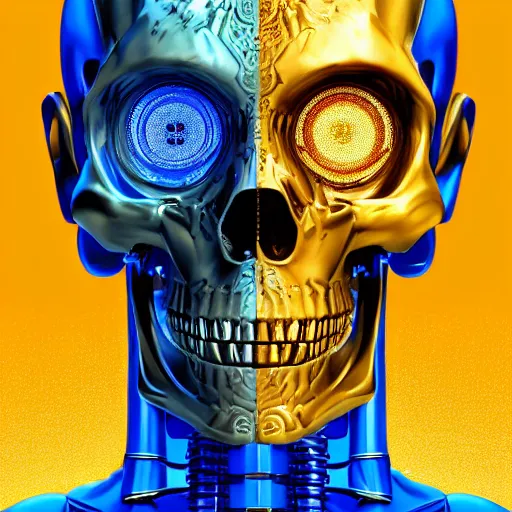 Image similar to hyperdetailed robotic skeleton head with blue human eyes, human eyes, symetry, golden ratio, iconography, intricate, detailed, volumetric lighting, scenery, digital painting, highly detailed, artstation, sharp focus, illustration, artstation, detailed vectorart