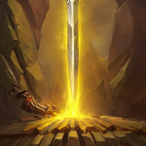 Prompt: yellow broad sword, giant sword, war blade weapon, hearthstone weapon art, by greg rutkowski