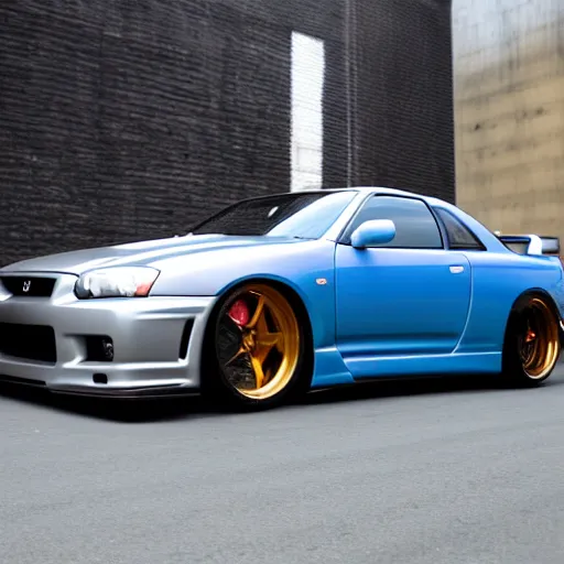 Prompt: Nissan GTR R34 Parked in alley cannon photo 1mp