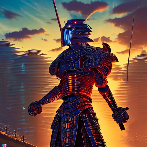 Image similar to samurai cyborg, armor designed by jony ive in cybercity, golden hour, poster by michael whelan and gilbert williams and evgeny lushpin and artgerm and alena aenami, 3 0 mm, well proportioned, highly detailed, rule of thirds, long exposure