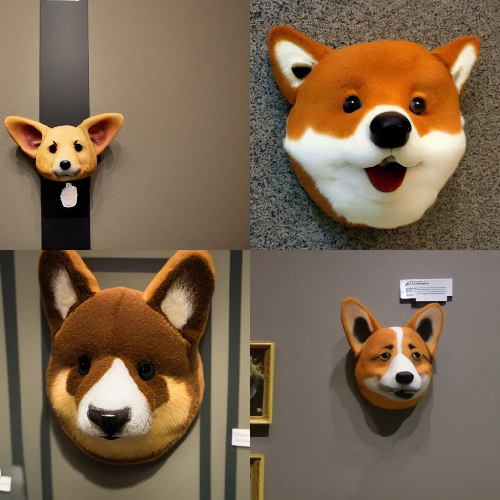 Prompt: stuffed corgi head on the wall of the museum of natural history