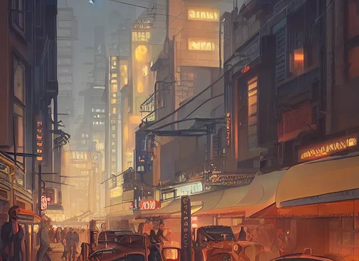 Prompt: Main street in an epic art deco city at night, anime, streamline moderne, dieselpunk, shiny brass, cinematic, a sci-fi digital painting by Greg Rutkowski and James Gurney, trending on Artstation, highly detailed