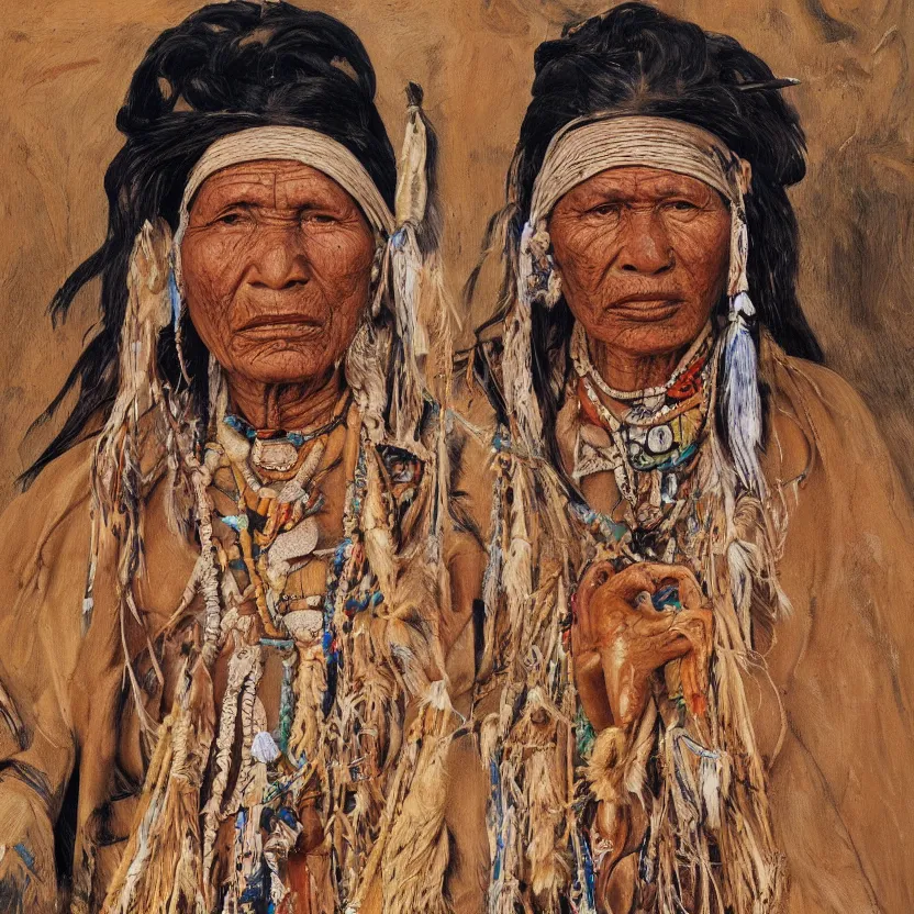 Image similar to full body shot picture of indigenous people woman leader in desert, painted by lucian freud, hd, super detailed, realistic, muted colors