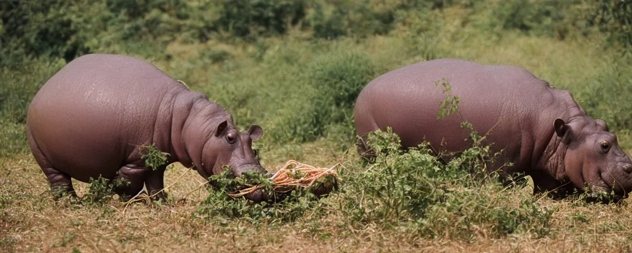 Image similar to a single hippo eating spaghetti off a bush, in the style of national geographic, canon 5 0 mm, film, kodachrome, retro, muted