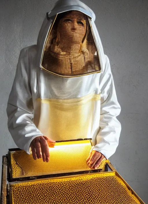 Prompt: futuristic female beekeeper, wearing silky nanotech honeycomb robe, dramatic lighting, golden colors, light shaft