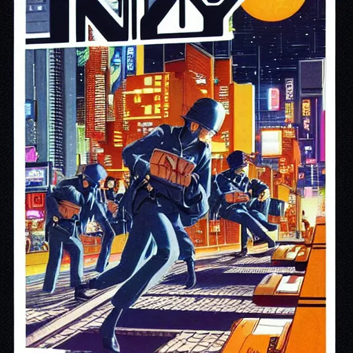 Image similar to 1979 OMNI Magazine, Anime Neo-tokyo bank robbers fleeing the police with bags of money, Highly Detailed, 8k :4 by Vincent Di Fate : 8