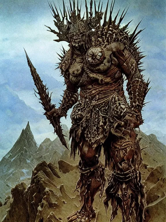 Image similar to A powerful large orc with pale skin covered in scars stands near the mountains, wearing spiky complex detailed armor without a helmet. Extremely high detail, realistic, fantasy art, scars, solo, masterpiece, saturated colors, art by Zdzisław Beksiński, Arthur Rackham